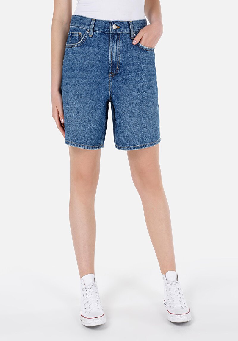 Afișați detalii pentru Regular Fit Talie Înaltă Pantaloni Scurți De Jean Indigo Pentru Femei