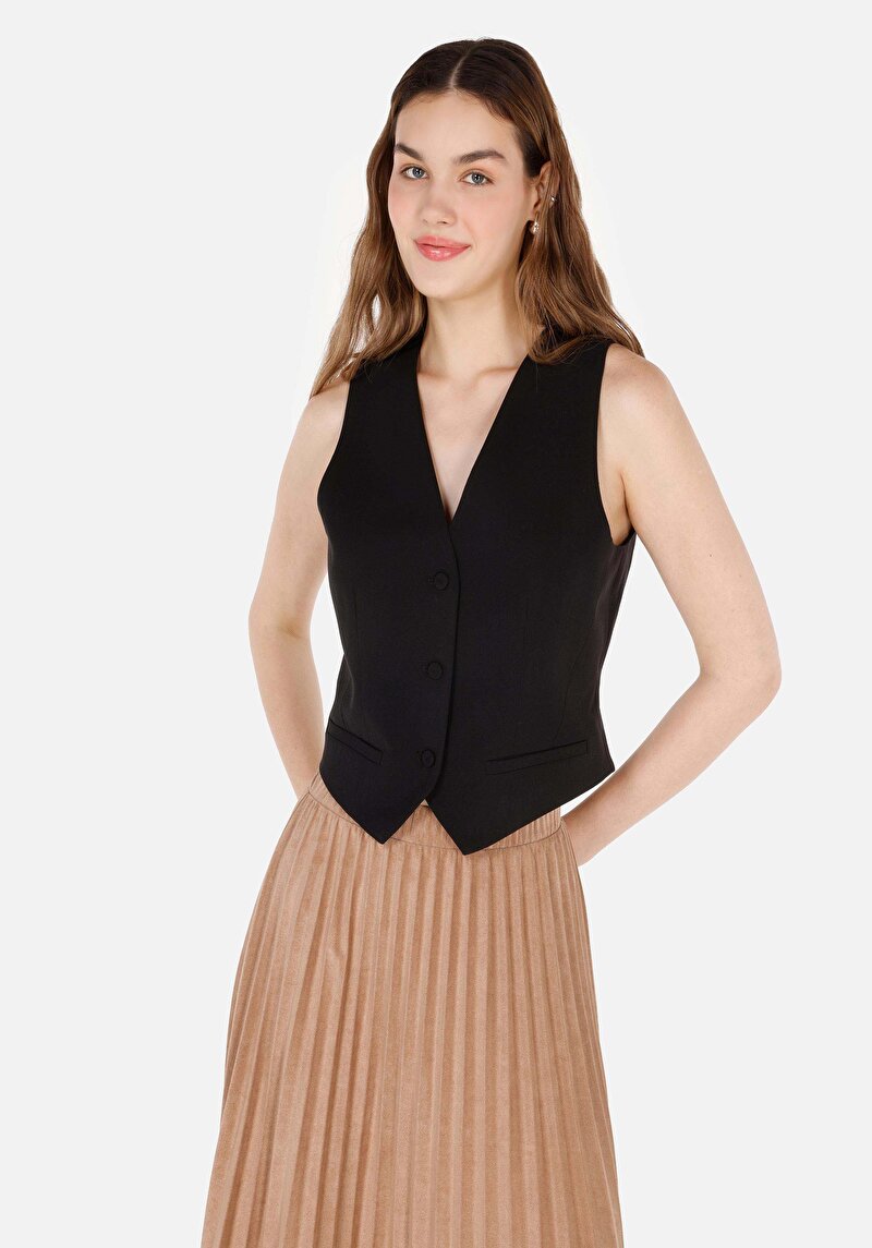 Imagine a Regular Fit Cămașă Neagră Fără Mâneci Pentru Femei Cu Decolteu În V