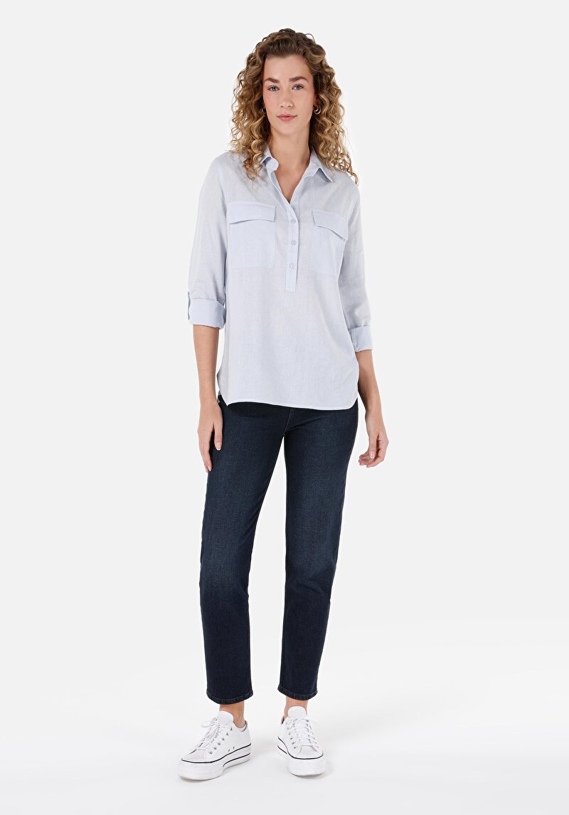 Imagine a Regular Fit Cămașă Decolteu Drept Cămașă Albastră Manșon Lung Pentru Femei