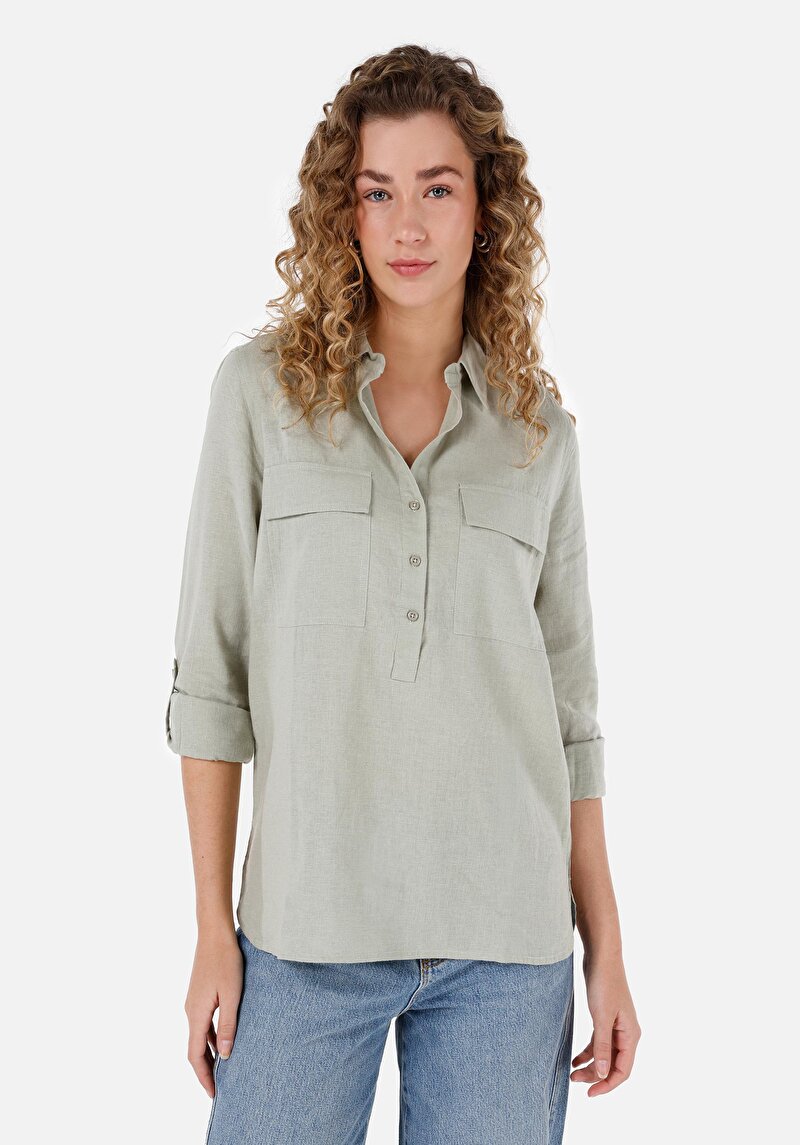 Imagine a Regular Fit Cămașă Decolteu Drept Cămașă Verde Manșon Lung Pentru Femei