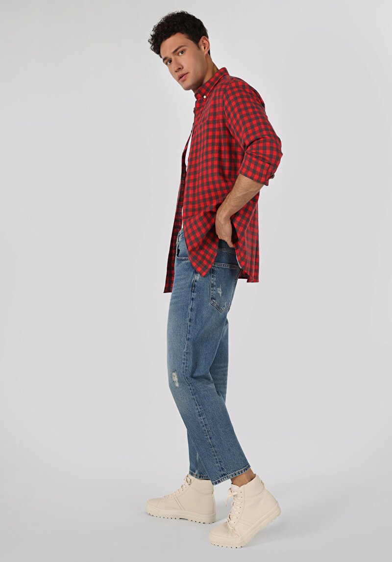 Imagine a Loose Relaxed Fit Drop Crotch Short Leg Blugi İndigo Pentru Bărbați