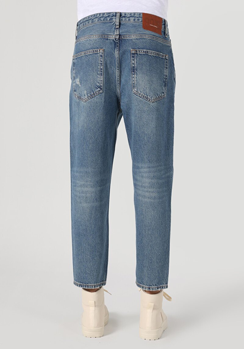 Imagine a Loose Relaxed Fit Drop Crotch Short Leg Blugi İndigo Pentru Bărbați