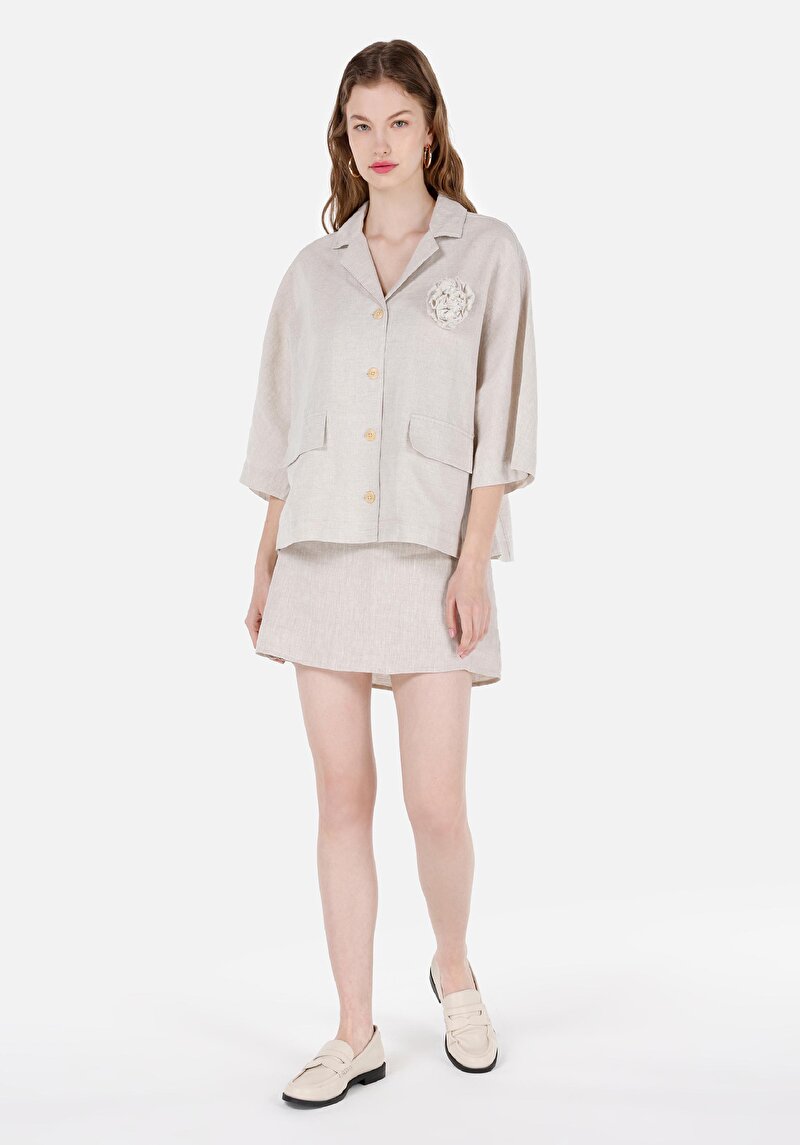 Imagine a Regular Fit V-Neck Drept Cămașă Cu Mânecă Lungă Bej Pentru Femei