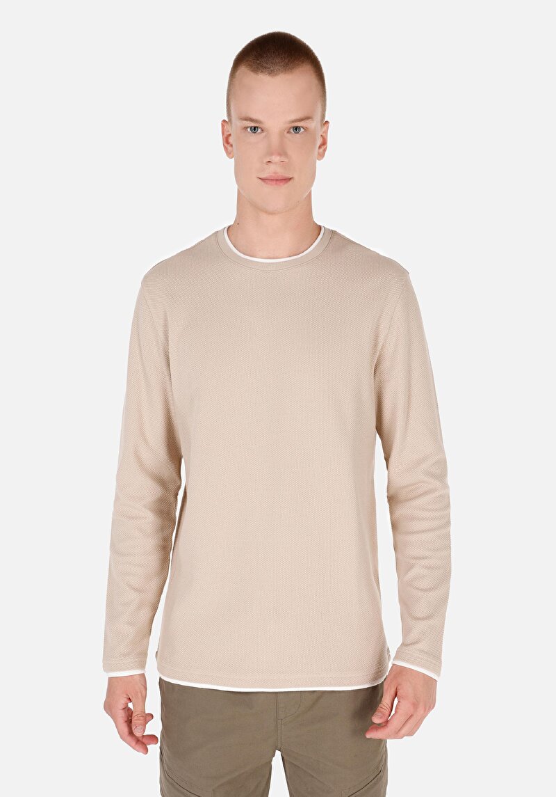 Imagine a Regular Fit Round Neck Drept Bărbați Bej Tricou Cu Mânecă Lungă