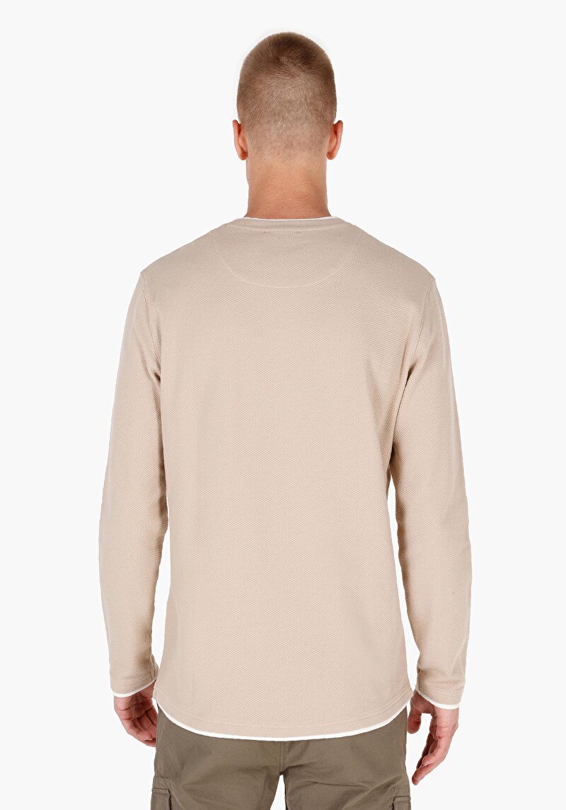 Imagine a Regular Fit Round Neck Drept Bărbați Bej Tricou Cu Mânecă Lungă