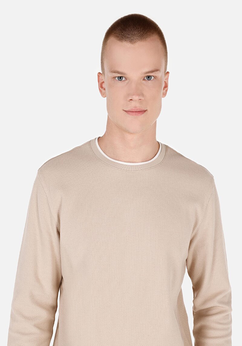 Imagine a Regular Fit Round Neck Drept Bărbați Bej Tricou Cu Mânecă Lungă