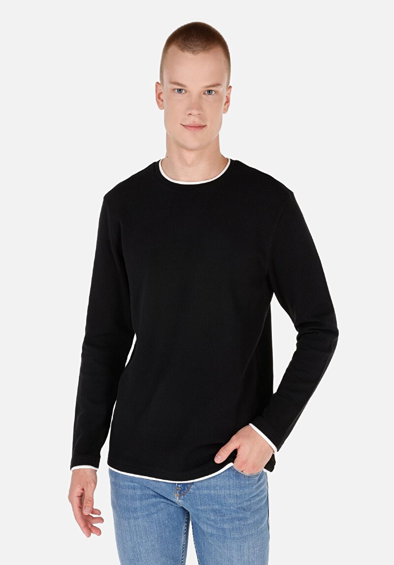 Imagine a Regular Fit Round Neck Drept Bărbați Negru Tricou Cu Mânecă Lungă