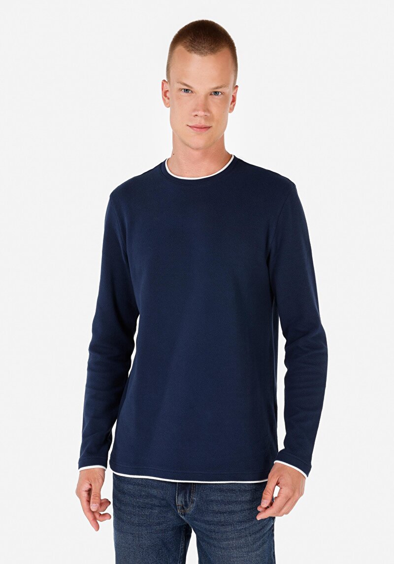 Imagine a Regular Fit Round Neck Drept Bărbați Bleumarin Tricou Cu Mânecă Lungă