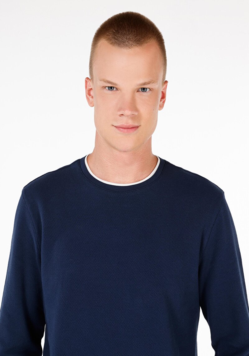 Imagine a Regular Fit Round Neck Drept Bărbați Bleumarin Tricou Cu Mânecă Lungă