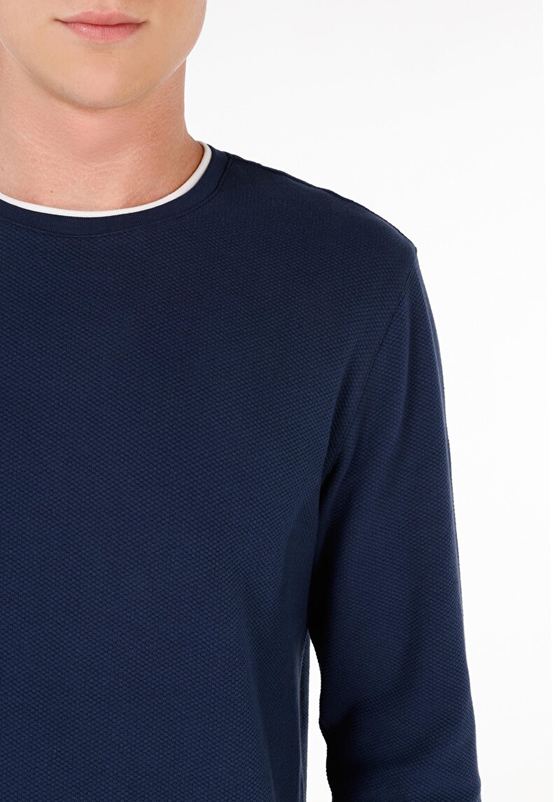 Afișați detalii pentru Regular Fit Round Neck Drept Bărbați Bleumarin Tricou Cu Mânecă Lungă