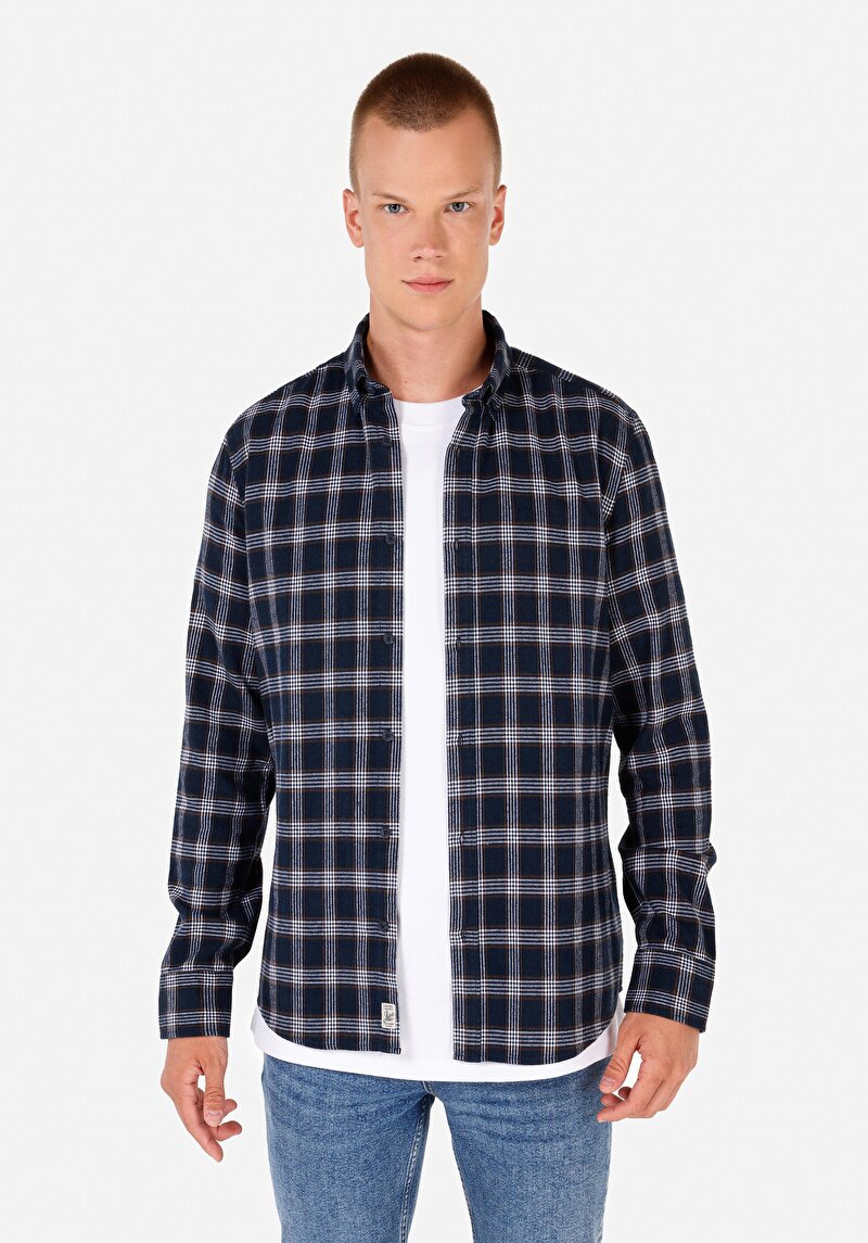 Imagine a Cămașă Slim Fit Gât În Carouri Cămașă Cu Mânecă Lungă Bleumarin Pentru Bărbați