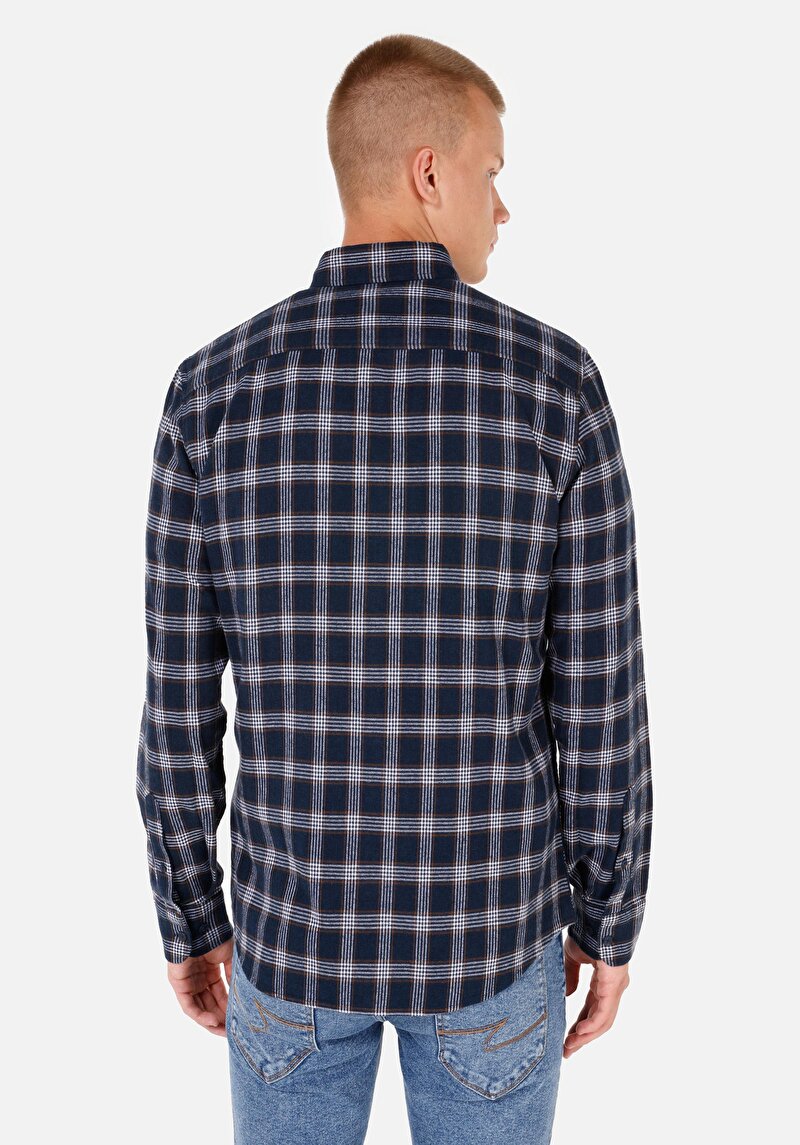Imagine a Cămașă Slim Fit Gât În Carouri Cămașă Cu Mânecă Lungă Bleumarin Pentru Bărbați