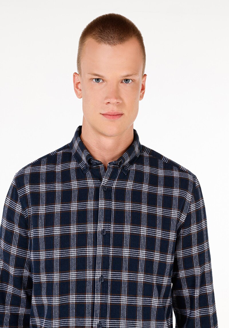 Afișați detalii pentru Cămașă Slim Fit Gât În Carouri Cămașă Cu Mânecă Lungă Bleumarin Pentru Bărbați