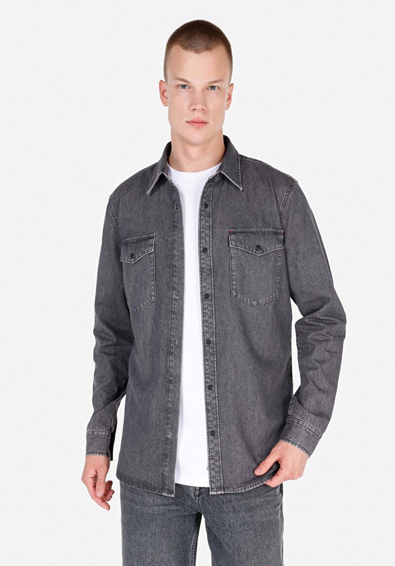 Imagine a Regular Fit Classic Collar Cămașă Albastră Cu Mânecă Lungă Pentru Bărbați