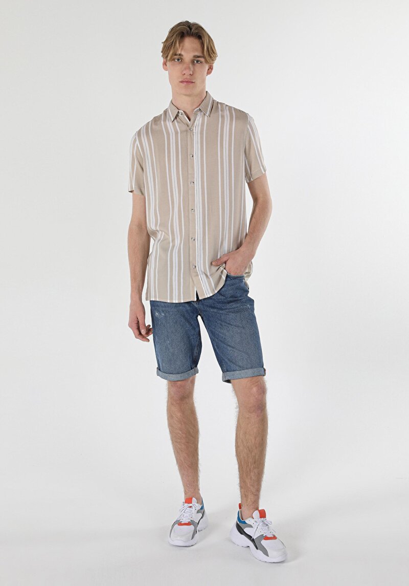 Imagine a Cămașă Cu Dungi Cămașă Cu Mânecă Scurtă Bej Pentru Bărbați