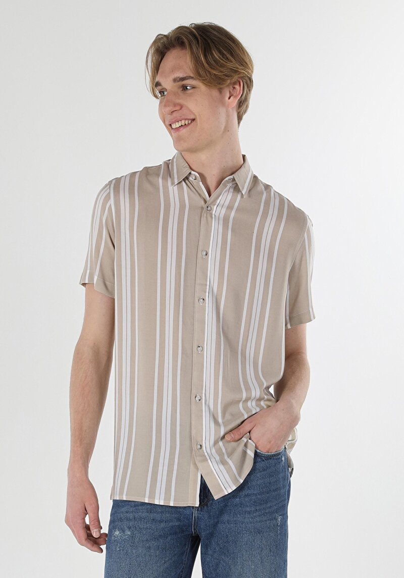 Afișați detalii pentru Cămașă Cu Dungi Cămașă Cu Mânecă Scurtă Bej Pentru Bărbați