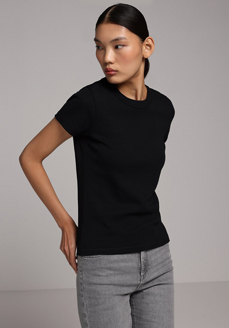 Imagine a Slim Fit Round Neck Drept Tricou Negru Cu Mânecă Scurtă Pentru Femei