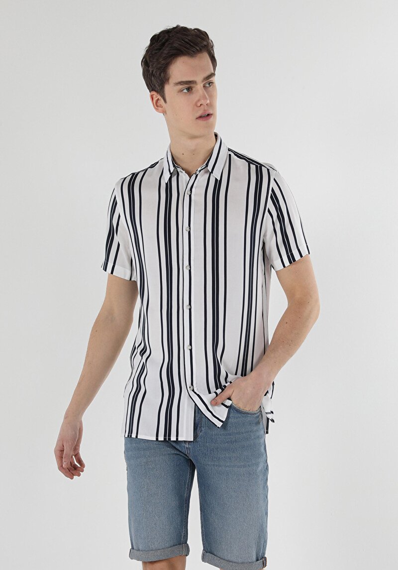 Imagine a Cămașă Cu Dungi Cămașă Cu Mânecă Scurtă Bleumarin Pentru Bărbați