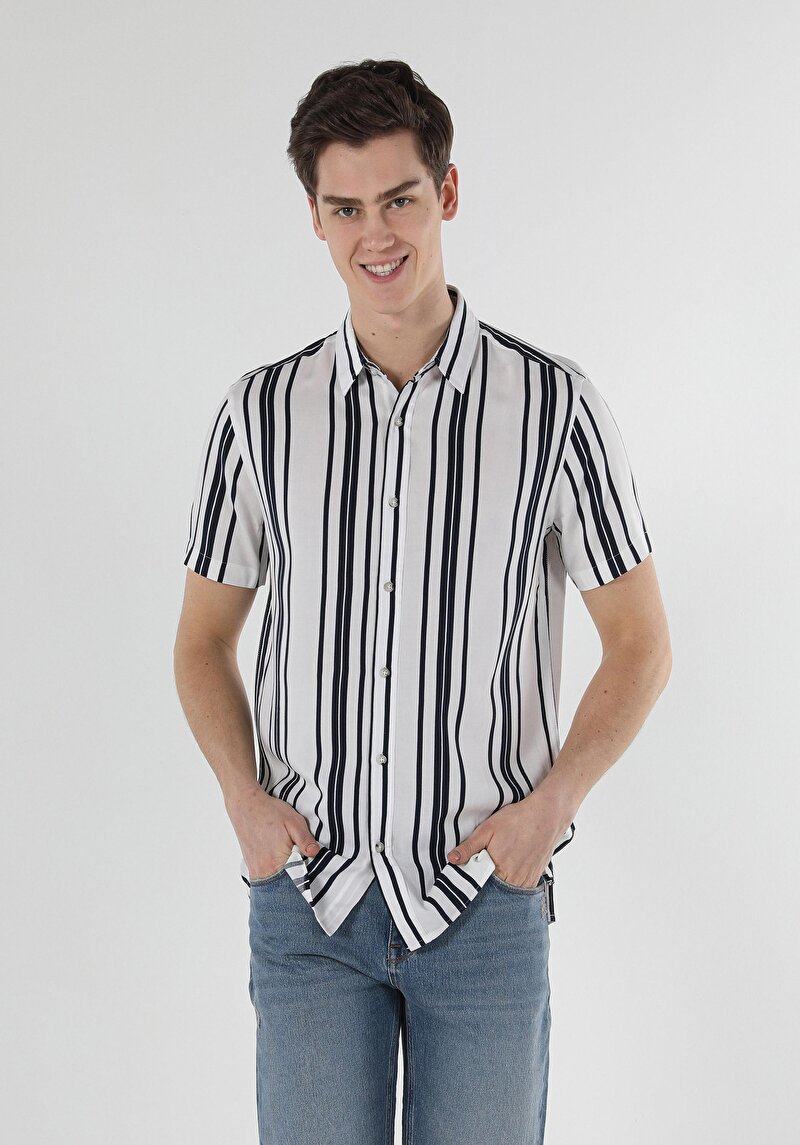 Afișați detalii pentru Cămașă Cu Dungi Cămașă Cu Mânecă Scurtă Bleumarin Pentru Bărbați