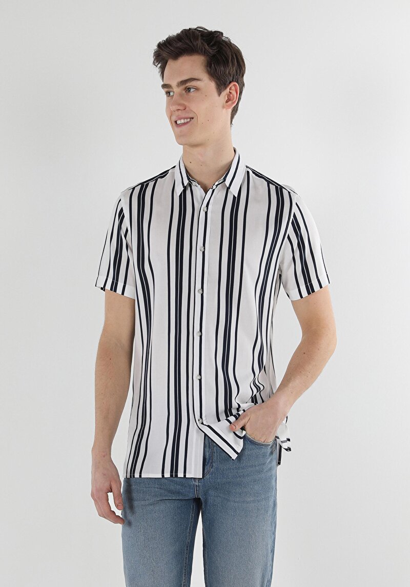Afișați detalii pentru Cămașă Cu Dungi Cămașă Cu Mânecă Scurtă Bleumarin Pentru Bărbați