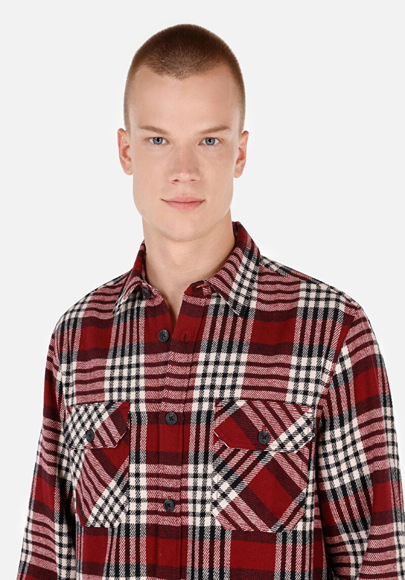 Imagine a Cămașă Comfort Fit Gât În Carouri Cămașă Roșie Cu Mânecă Lungă Pentru Bărbați