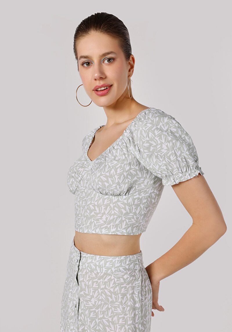Imagine a Slim Fit V-Neck Floral Cămașă Verde Cu Mânecă Scurtă Pentru Femei