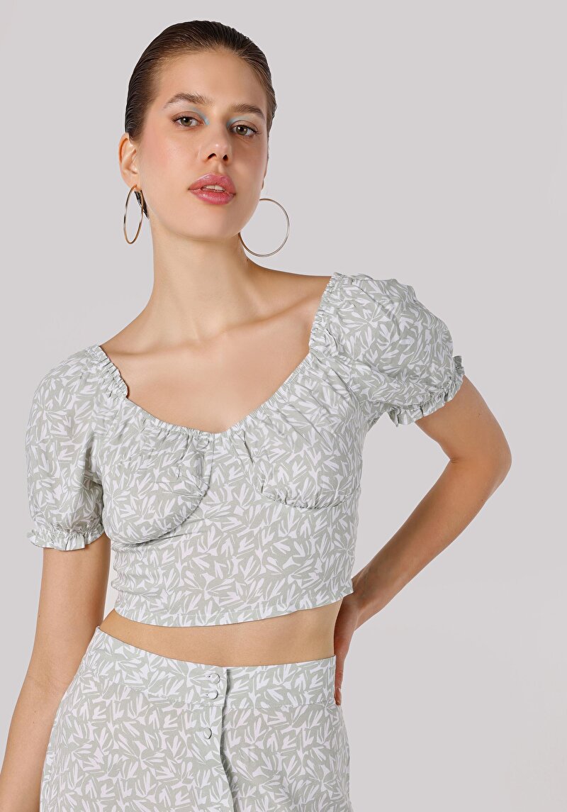 Imagine a Slim Fit V-Neck Floral Cămașă Verde Cu Mânecă Scurtă Pentru Femei