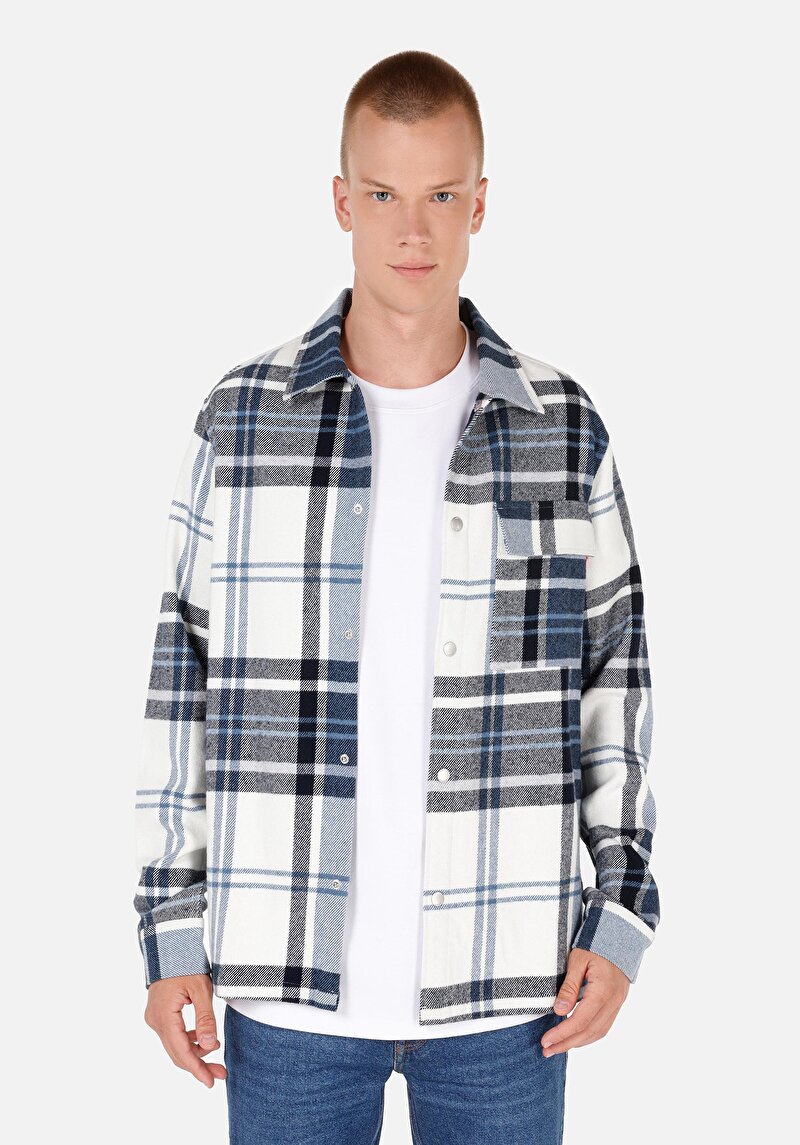 Imagine a Cămașă Comfort Fit Gât În Carouri Cămașă Albastră Cu Mânecă Lungă Pentru Bărbați