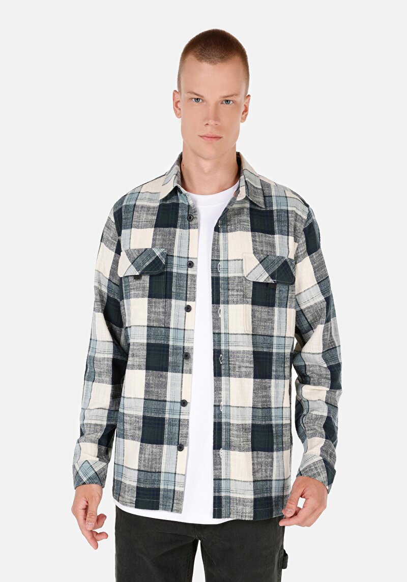 Imagine a Regular Fit Cămașă Gât În Carouri Cămașă Verde Cu Mânecă Lungă Pentru Bărbați