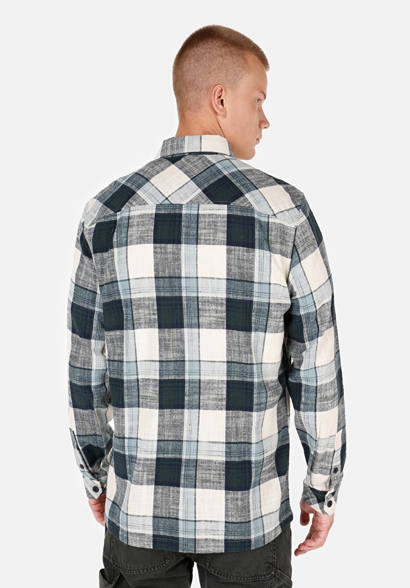 Afișați detalii pentru Regular Fit Cămașă Gât În Carouri Cămașă Verde Cu Mânecă Lungă Pentru Bărbați