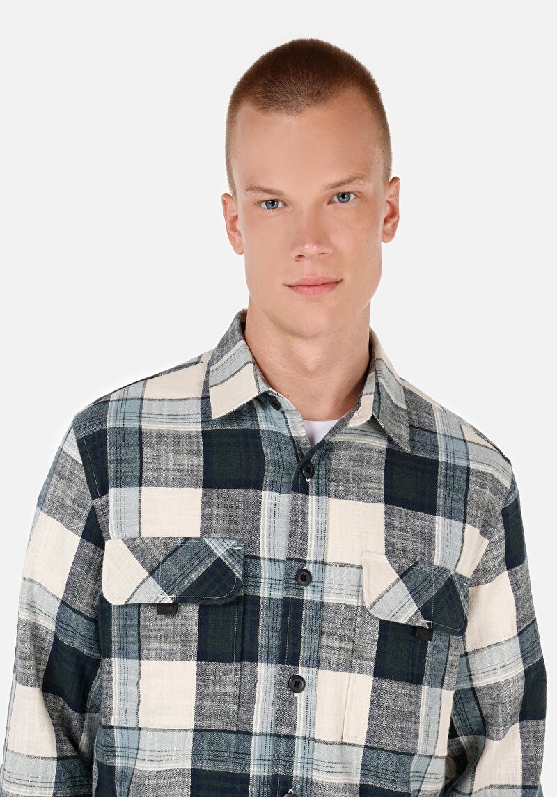 Imagine a Regular Fit Cămașă Gât În Carouri Cămașă Verde Cu Mânecă Lungă Pentru Bărbați