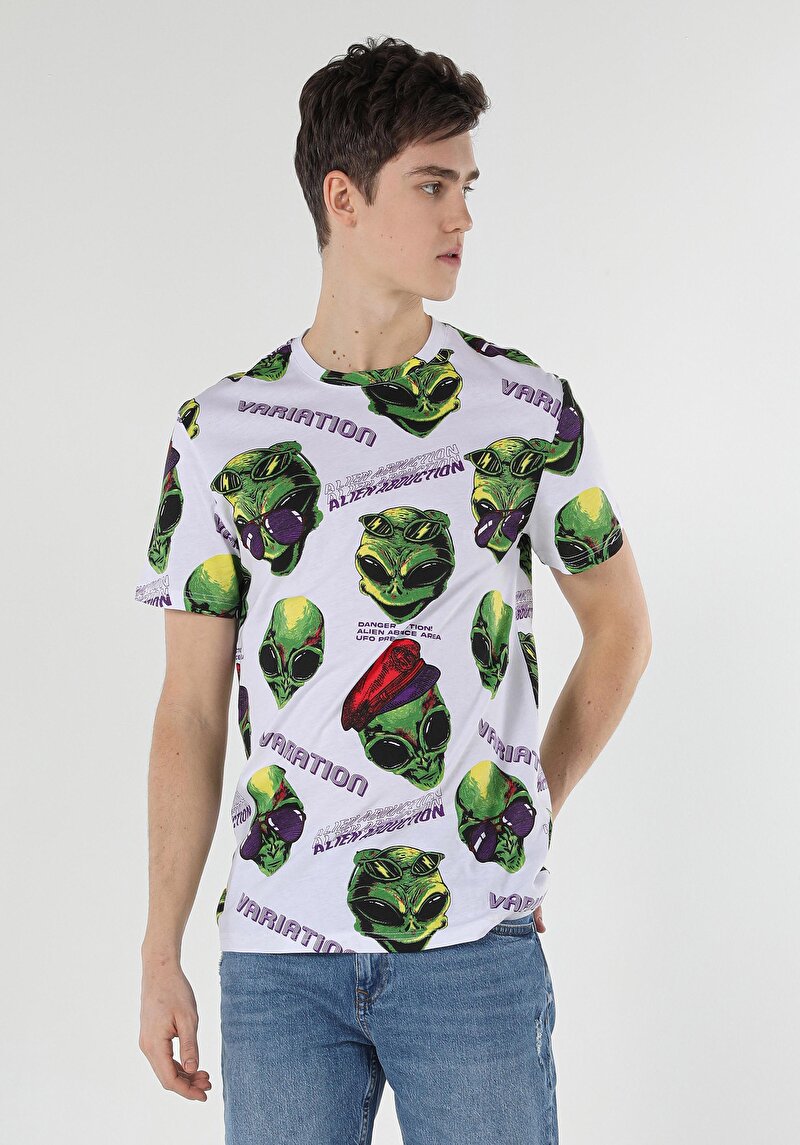 Imagine a Tricou Alb Cu Mânecă Scurtă Pentru Bărbați Comfort Fit Round Neck Printed