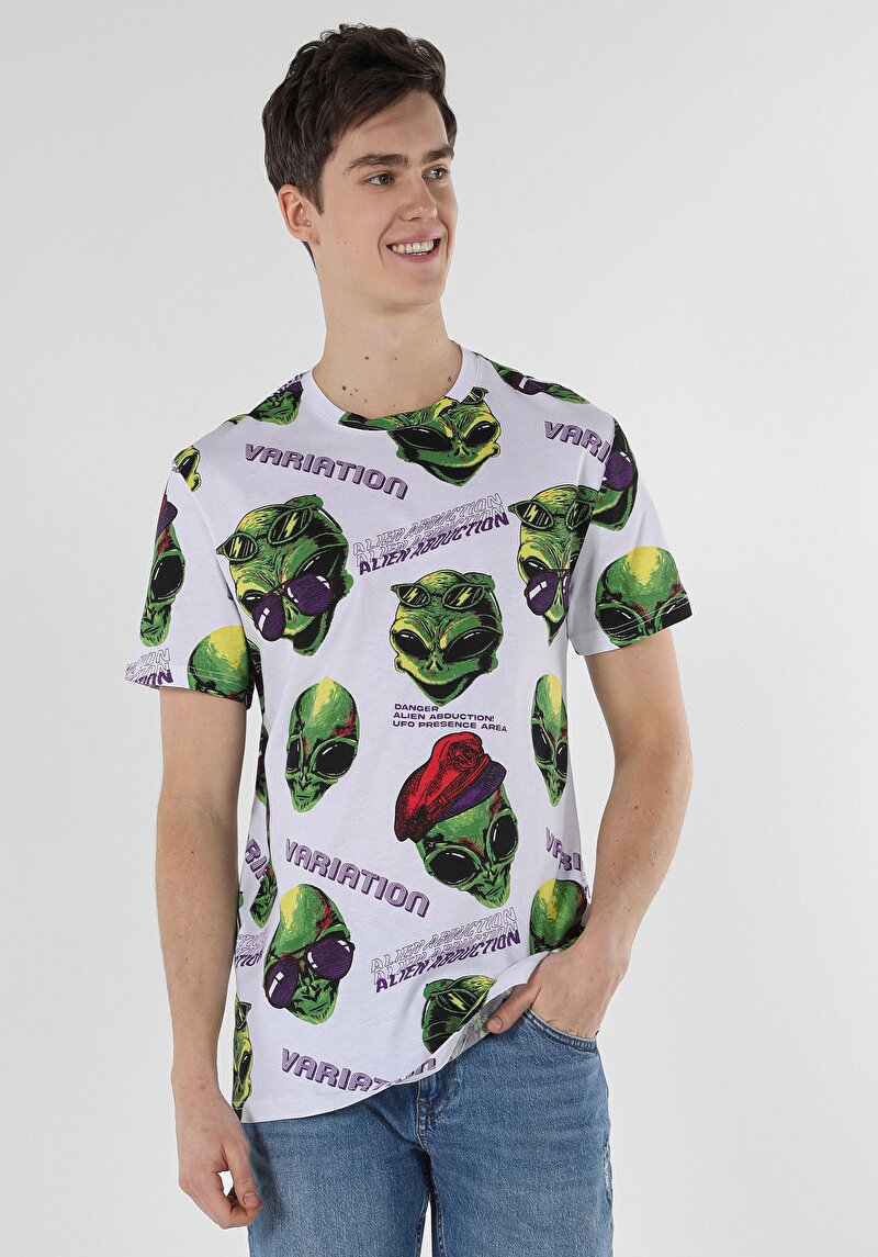 Afișați detalii pentru Tricou Alb Cu Mânecă Scurtă Pentru Bărbați Comfort Fit Round Neck Printed