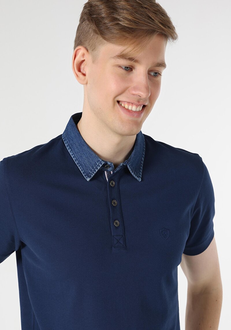Afișați detalii pentru Slim Fit Polo Collar Drept Bărbați Bleumarin Tricou Cu Mânecă Scurtă