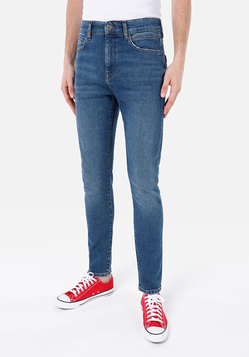 Afișați detalii pentru Skinny Fit Talie Înaltă Picior Îngust Blugi İndigo Pentru Bărbați