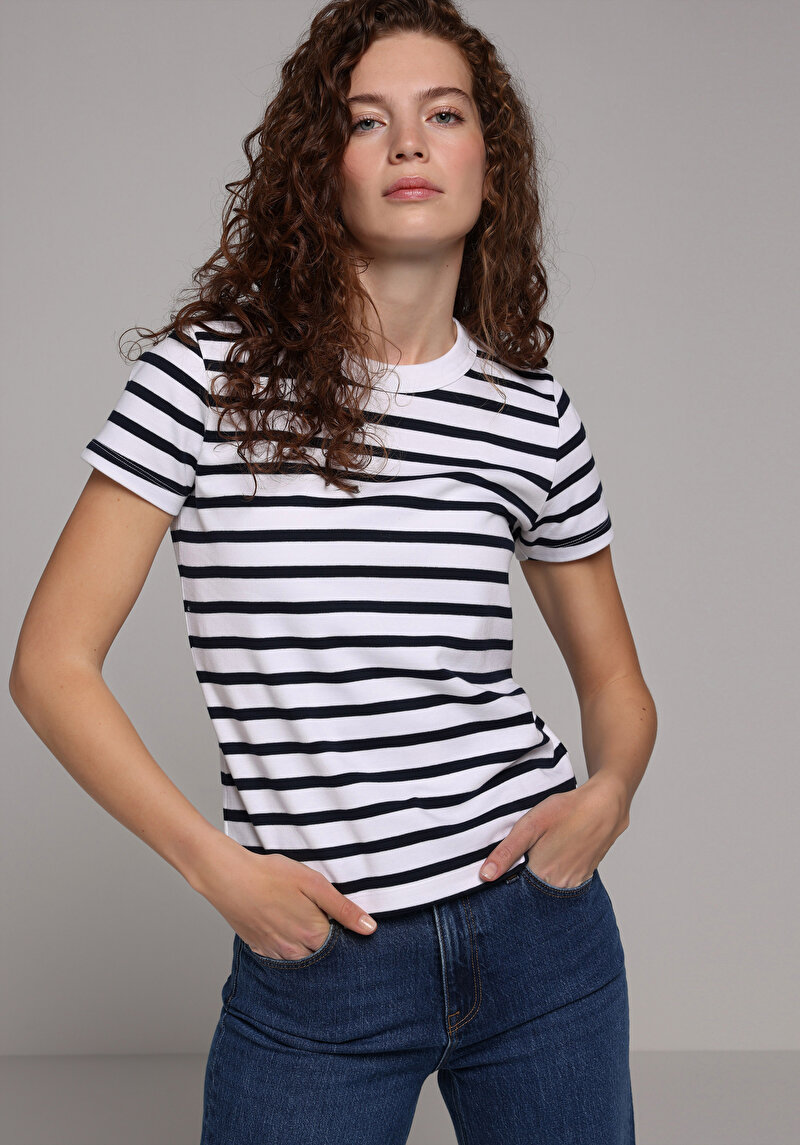 Imagine a Slim Fit Round Neck Striped Tricou Cu Mânecă Scurtă Pentru Femei Bleumarin