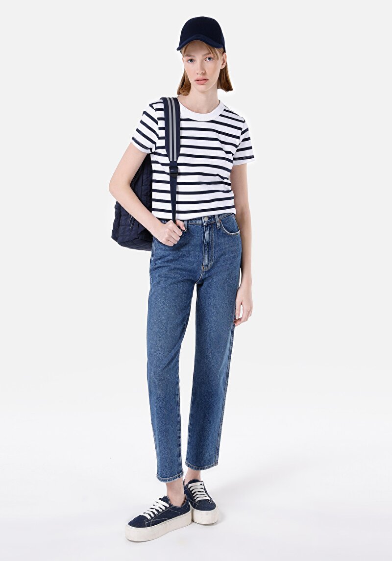 Afișați detalii pentru Slim Fit Round Neck Striped Tricou Cu Mânecă Scurtă Pentru Femei Bleumarin