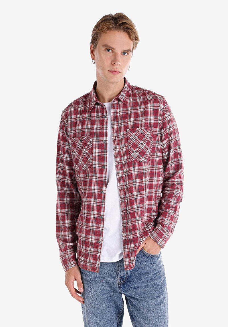 Imagine a Cămașă Slim Fit Neck Cămașă În Carouri Pentru Bărbați Cu Mânecă Lungă Visiniu