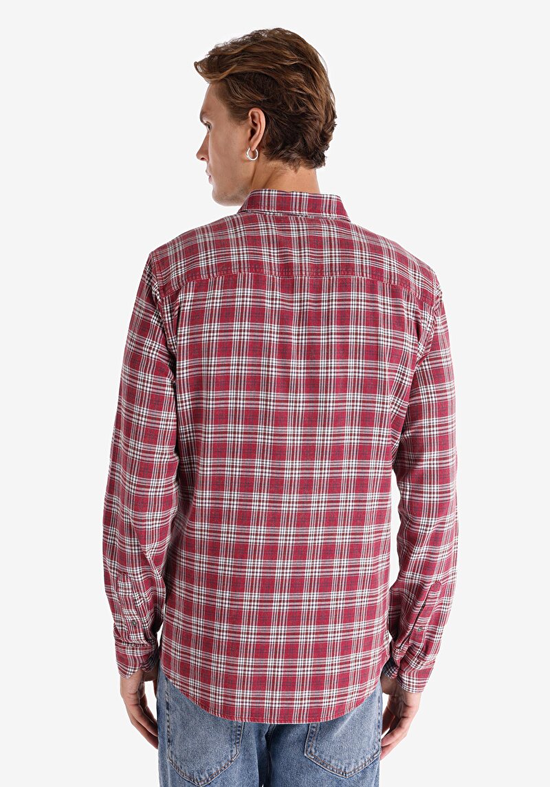 Afișați detalii pentru Cămașă Slim Fit Neck Cămașă În Carouri Pentru Bărbați Cu Mânecă Lungă Visiniu