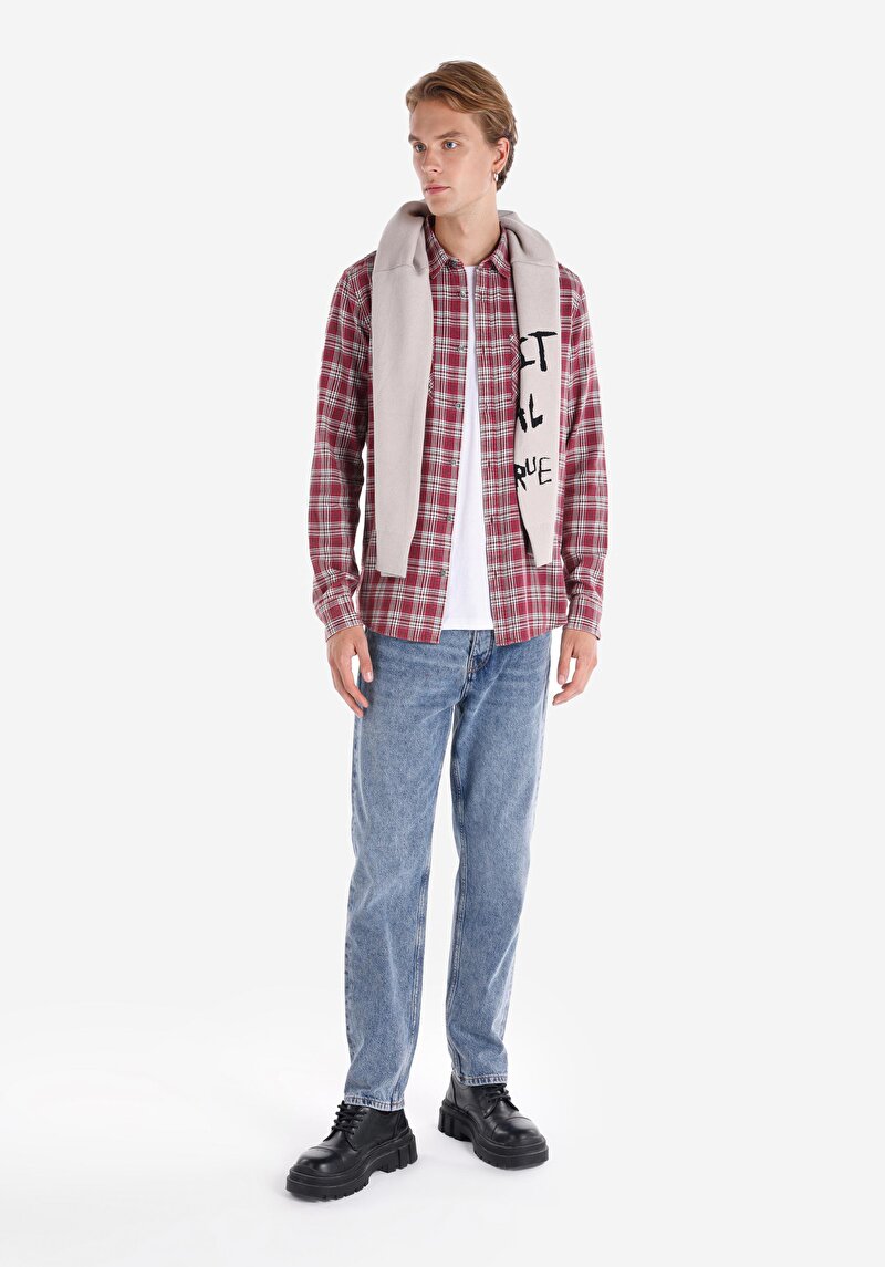 Imagine a Cămașă Slim Fit Neck Cămașă În Carouri Pentru Bărbați Cu Mânecă Lungă Visiniu