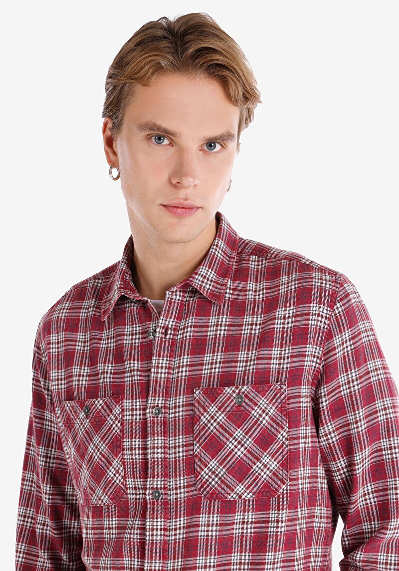 Afișați detalii pentru Cămașă Slim Fit Neck Cămașă În Carouri Pentru Bărbați Cu Mânecă Lungă Visiniu