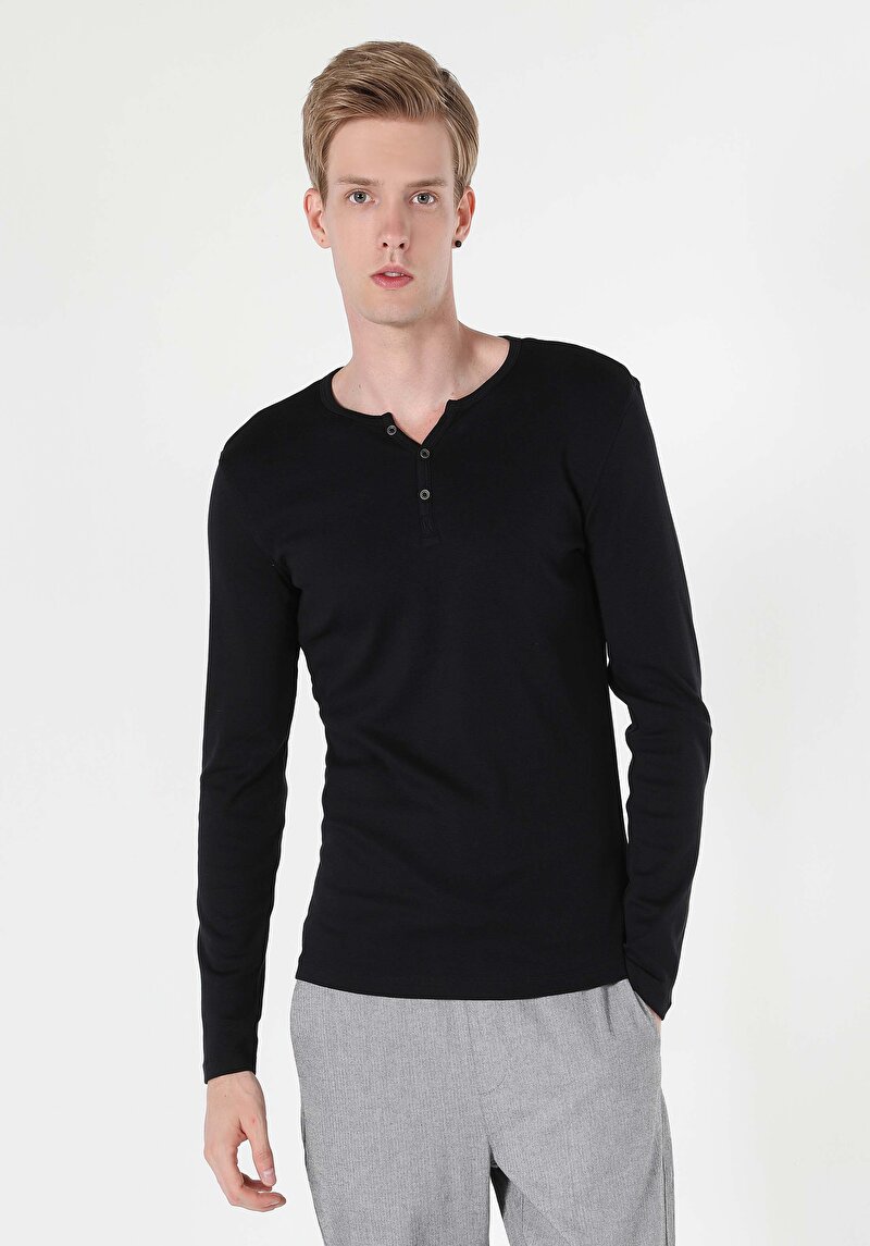 Imagine a Tricou Cu Maneca Lunga De Barbati Negru Slim Fit Cl1022847