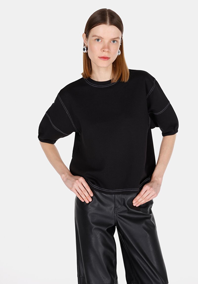 Imagine a Regular Fit Round Neck Drept Negru Tricou Manșon Scurt Pentru Femei