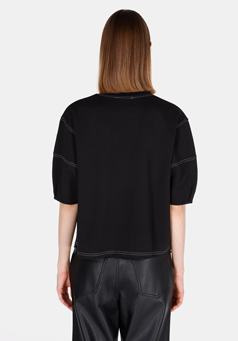 Afișați detalii pentru Regular Fit Round Neck Drept Negru Tricou Manșon Scurt Pentru Femei