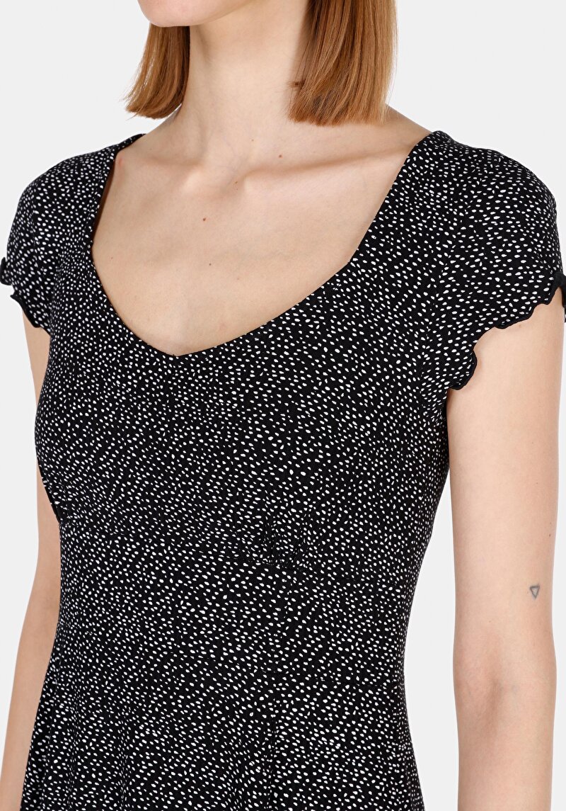 Imagine a Slim Fit Floral Rochie Neagră Cu Mânecă Scurtă Pentru Femei