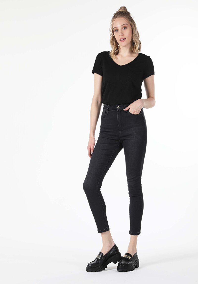 Imagine a Regular Fit V-Neck Drept Negru Tricou Manșon Scurt Pentru Femei