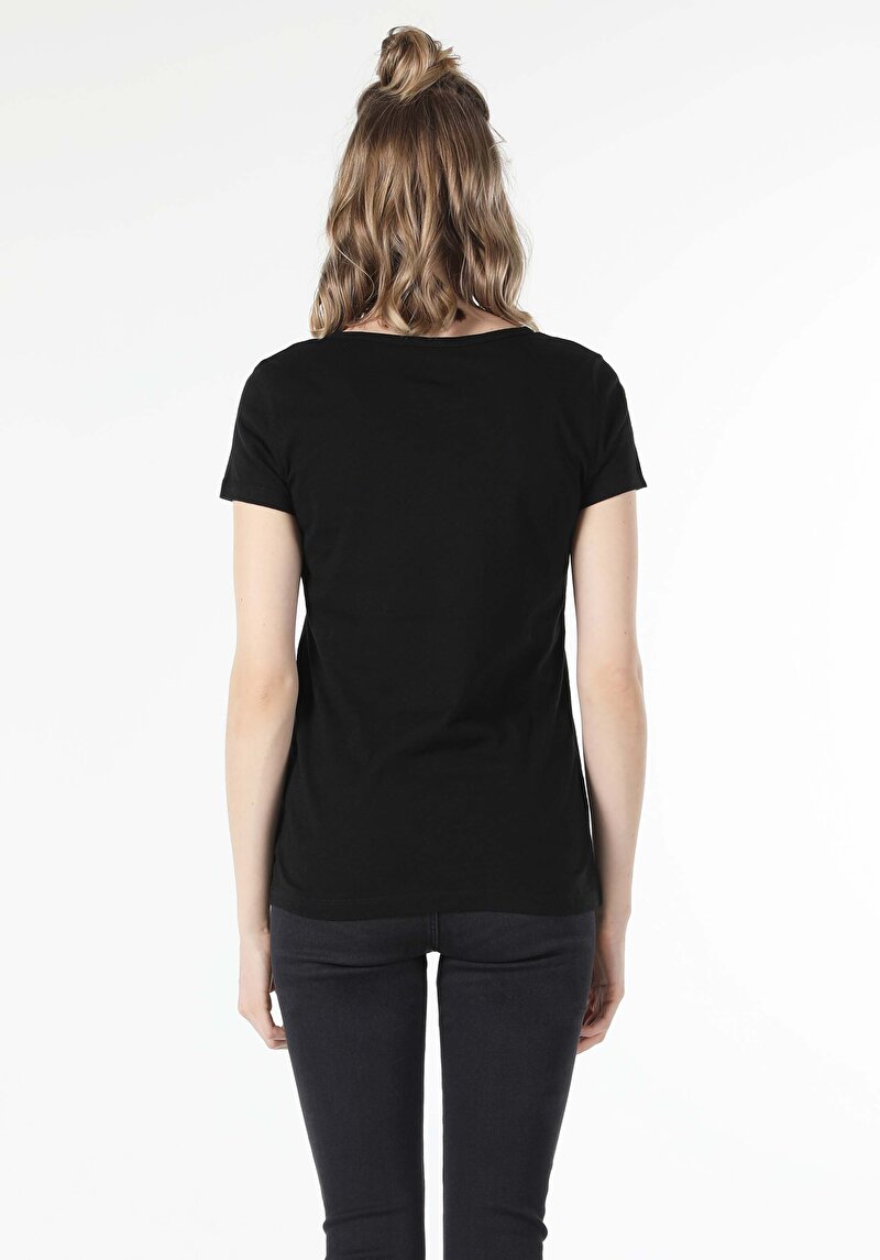 Imagine a Regular Fit V-Neck Drept Negru Tricou Manșon Scurt Pentru Femei