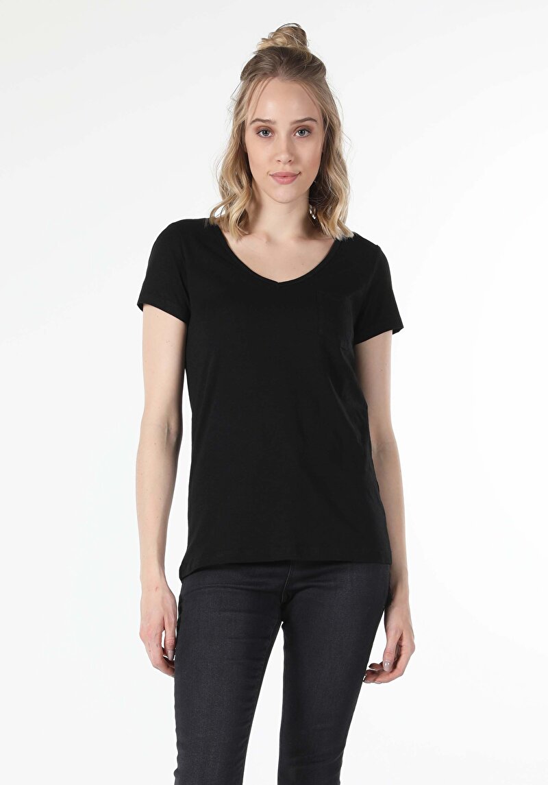 Afișați detalii pentru Regular Fit V-Neck Drept Negru Tricou Manșon Scurt Pentru Femei