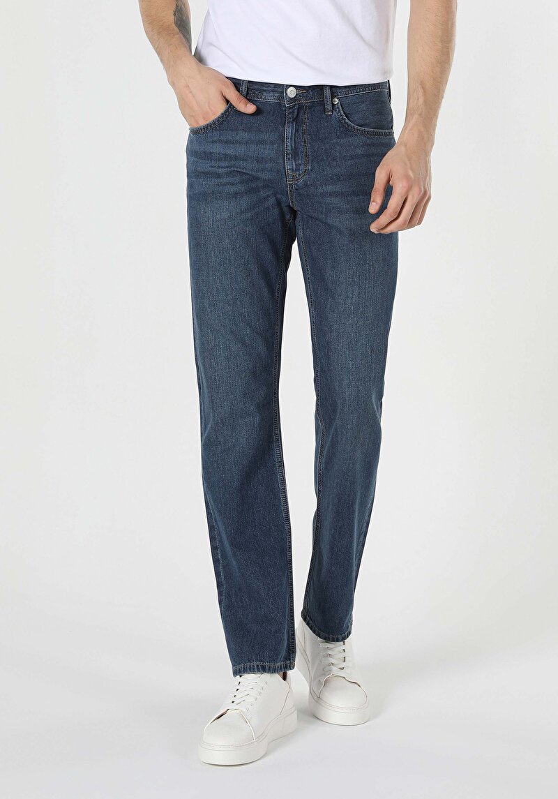 Afișați detalii pentru Blugi De Barbati Cu Talie Medie Regular Fit Albastru Inchis  045 Davıd