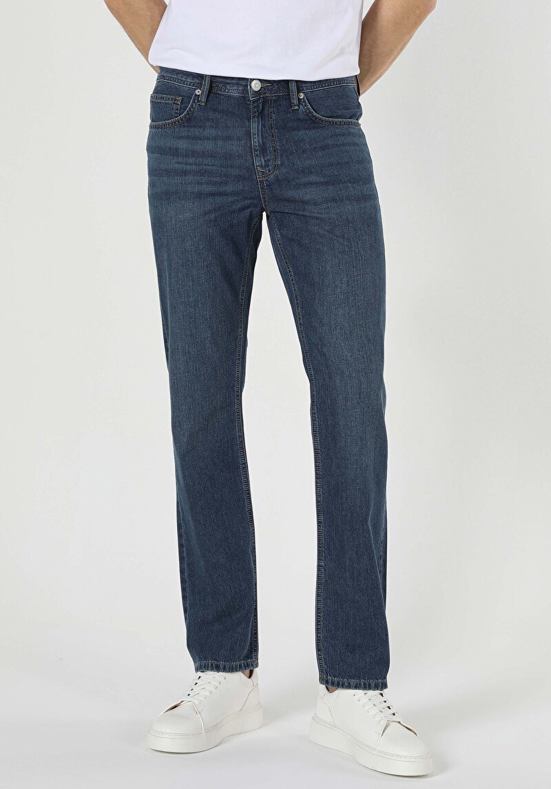 Afișați detalii pentru Blugi De Barbati Cu Talie Medie Regular Fit Albastru Inchis  045 Davıd